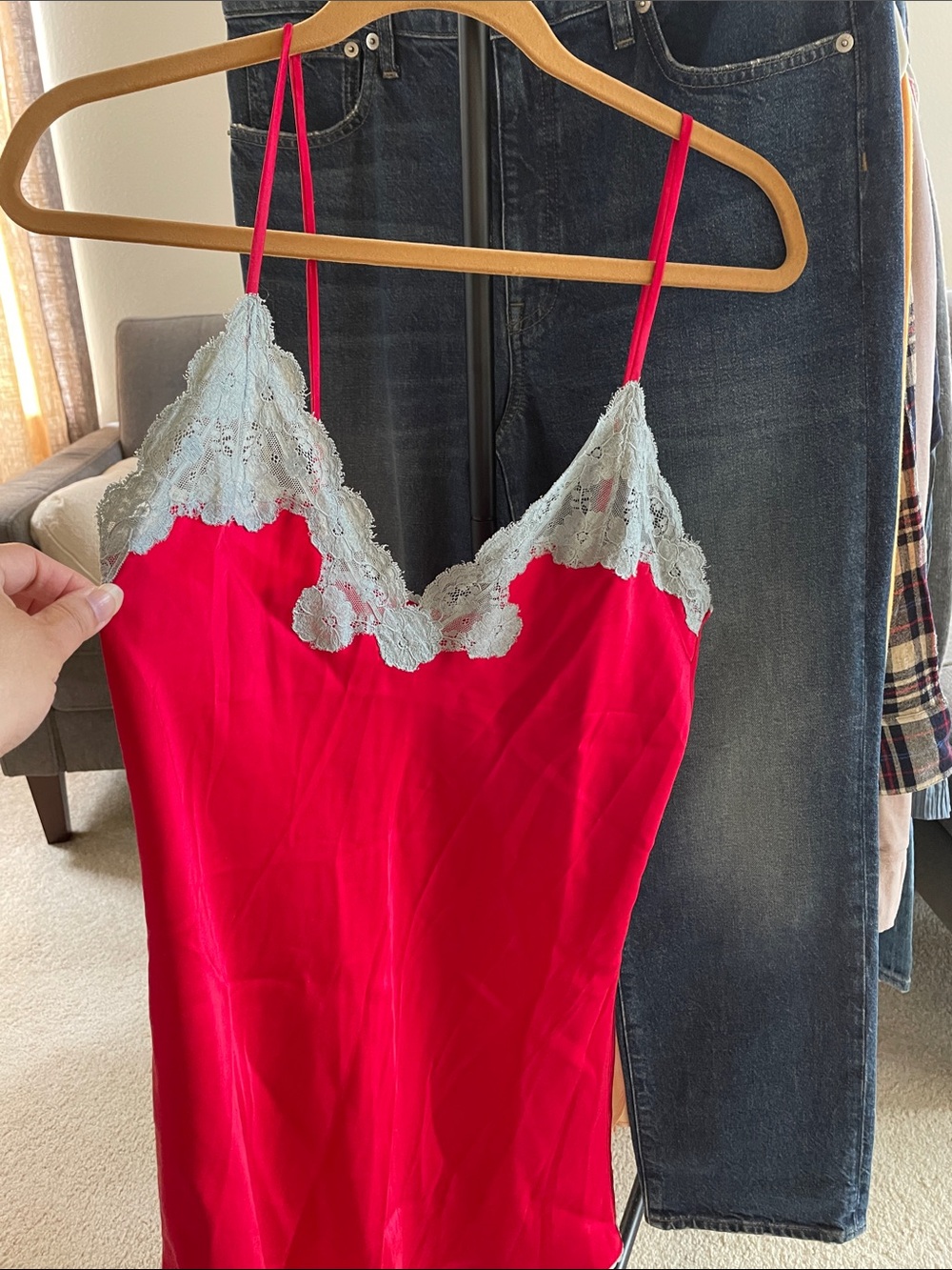 NWOT Frances Smily Lace-Trim Slip Dress - Red with Light Grayish Blue Lace